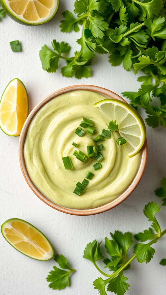 Creamy avocado cilantro sauce in a bowl with lime and cilantro