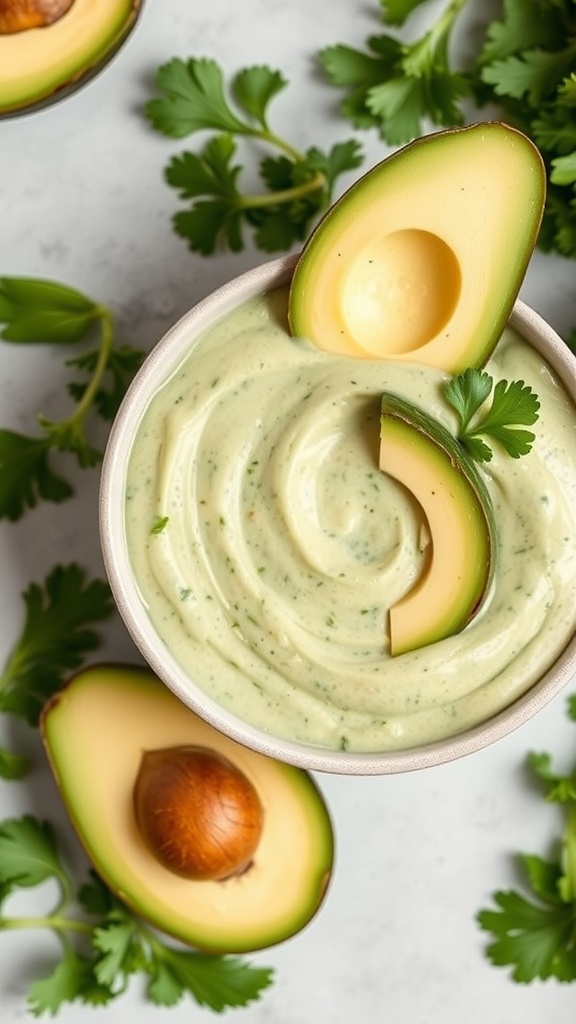 Creamy avocado cilantro sauce in a bowl with fresh avocados and cilantro.
