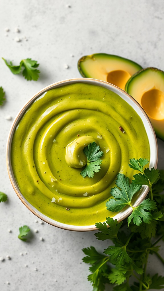 A bowl of creamy avocado cilantro sauce with fresh cilantro leaves and avocados beside it.