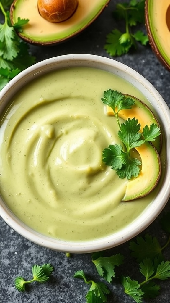 A bowl of creamy avocado cilantro sauce garnished with cilantro and avocado slices.