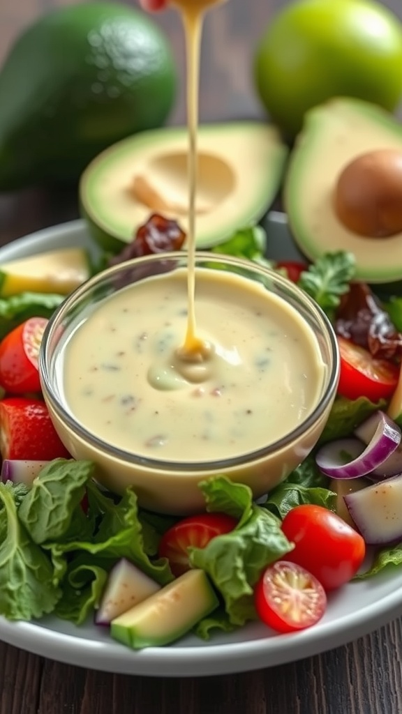 Creamy avocado dressing in a bowl with fresh vegetables on the side