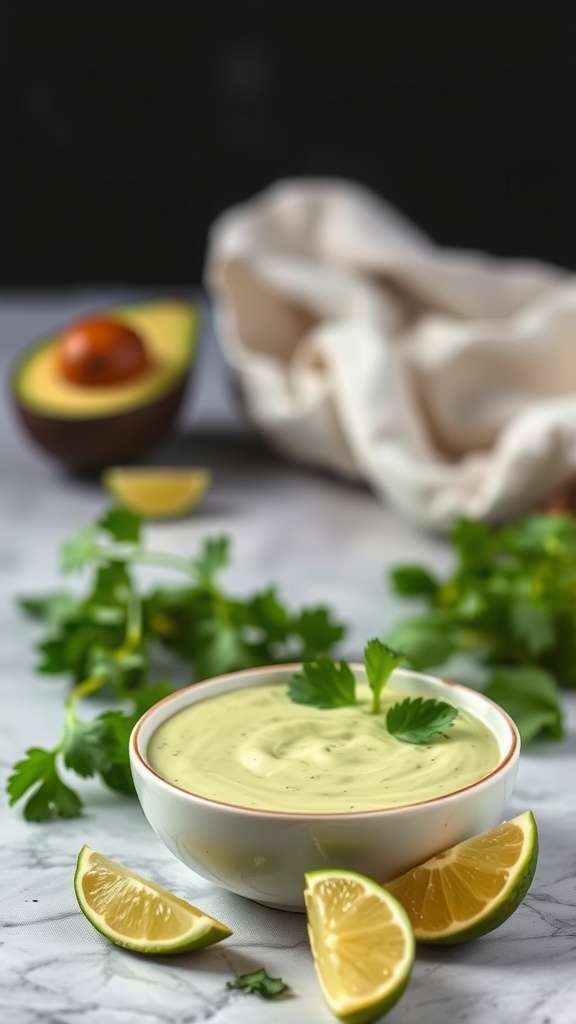 A bowl of creamy avocado dressing with lime and cilantro