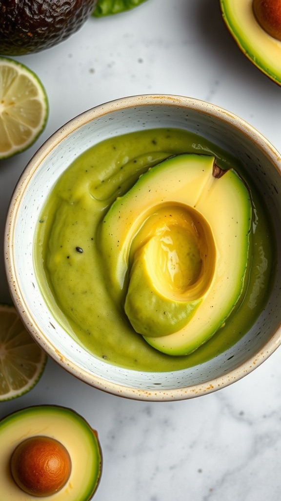 Creamy avocado dressing in a bowl with fresh ingredients around it.