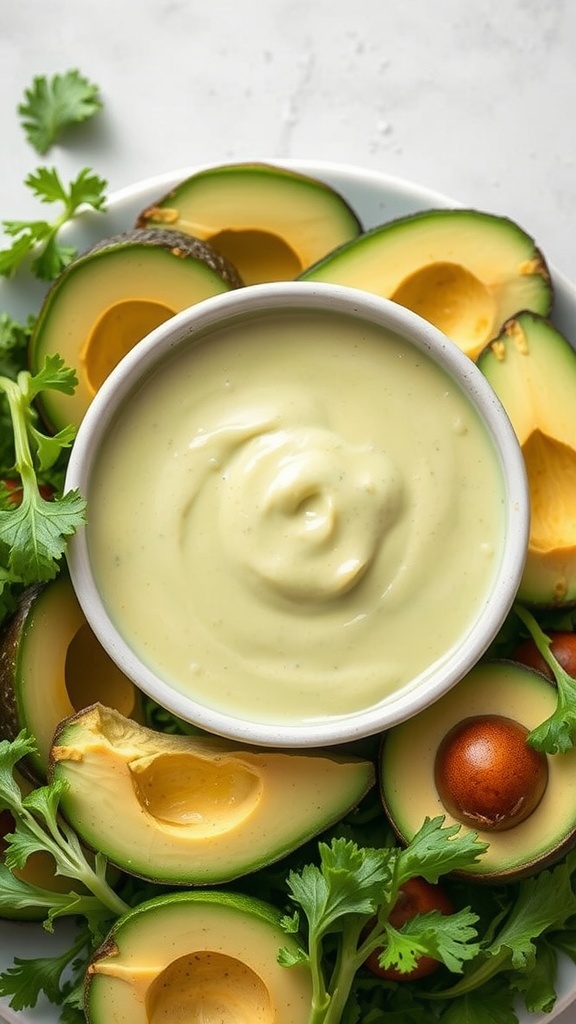 Creamy avocado dressing with avocado halves and fresh cilantro