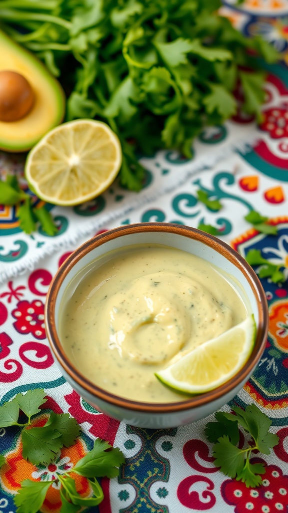 A bowl of creamy avocado dressing with lime, garnished with lime wedges and surrounded by fresh cilantro.