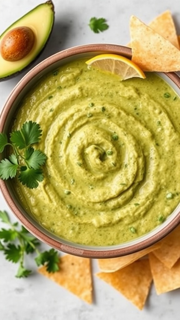 A bowl of creamy avocado salsa verde garnished with cilantro and served with tortilla chips.