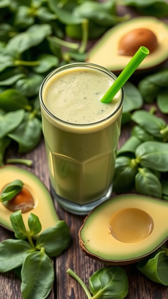 A creamy avocado spinach smoothie in a glass with a green straw surrounded by fresh spinach leaves and avocado halves.