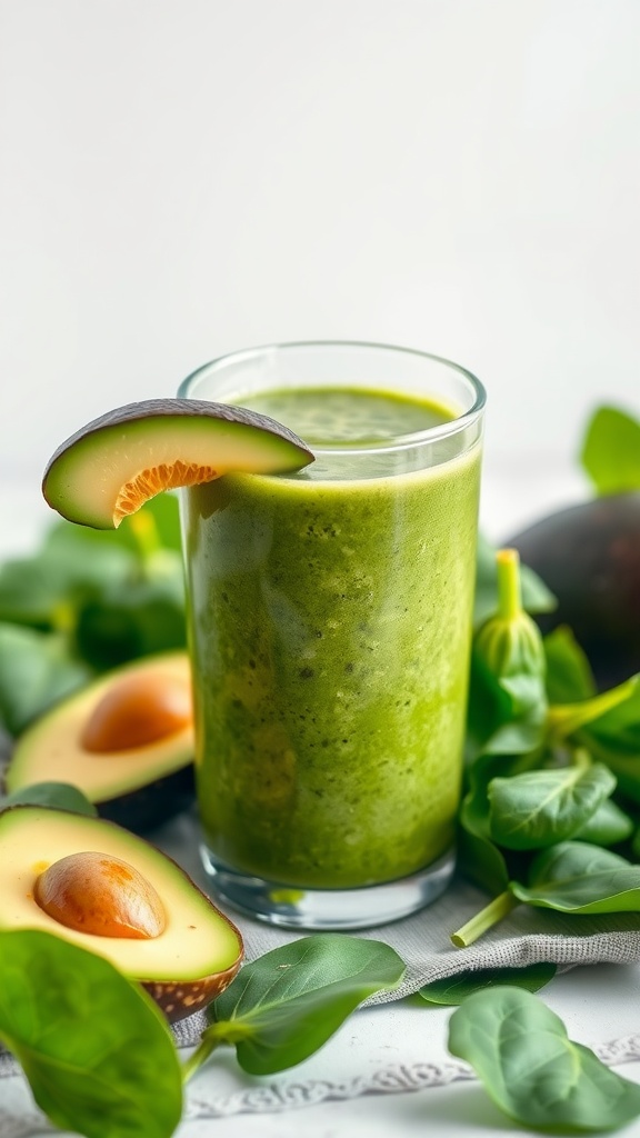 A glass of creamy avocado spinach smoothie surrounded by fresh spinach leaves and sliced avocado.