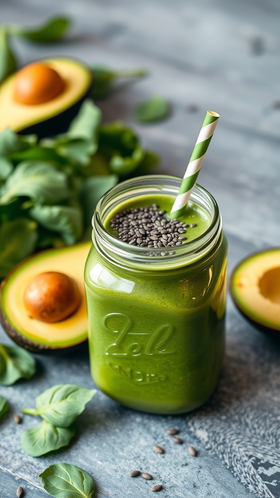 Creamy Avocado Spinach Smoothie in a jar with chia seeds on top
