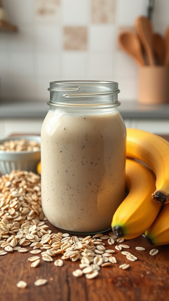 A creamy banana oat smoothie in a jar with fresh bananas and oats surrounding it.
