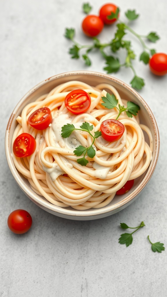 A bowl of creamy cashew Alfredo pasta topped with cherry tomatoes and parsley.