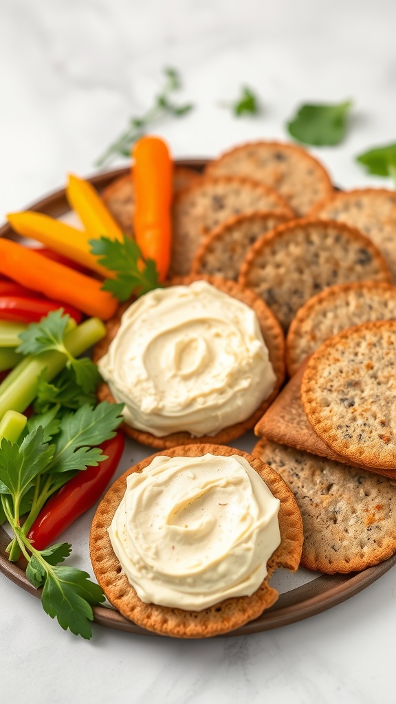 A serving of creamy cashew cheese spread on crackers, accompanied by fresh vegetables.