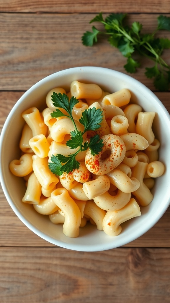 Creamy cashew mac and cheese in a white bowl garnished with parsley.