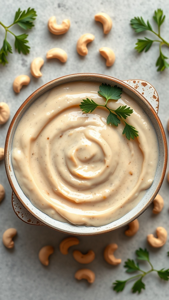 Creamy cashew sauce in a bowl with cashews and herbs around it.