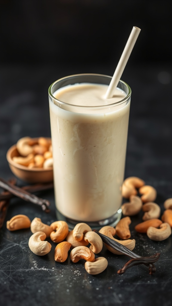 A glass of creamy cashew vanilla smoothie next to raw cashews and vanilla pods.