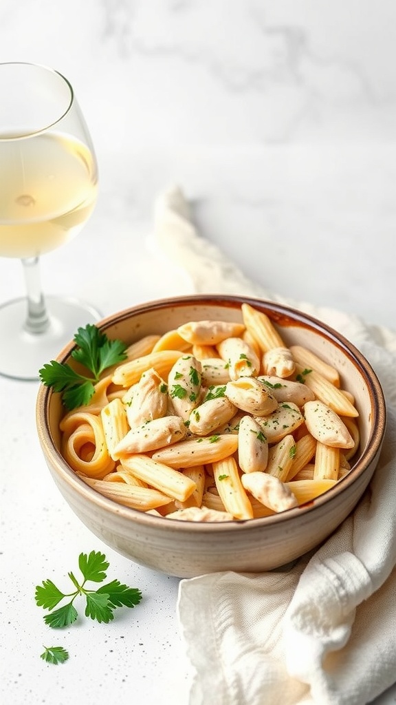 A bowl of creamy chicken alfredo pasta garnished with parsley.