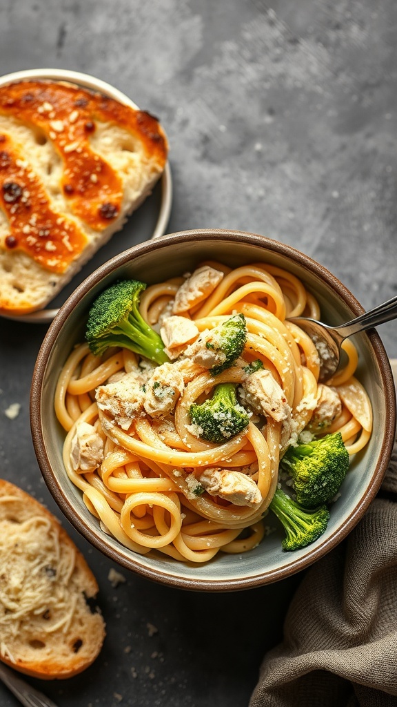 A bowl of creamy chicken and broccoli pasta with a side of garlic bread.