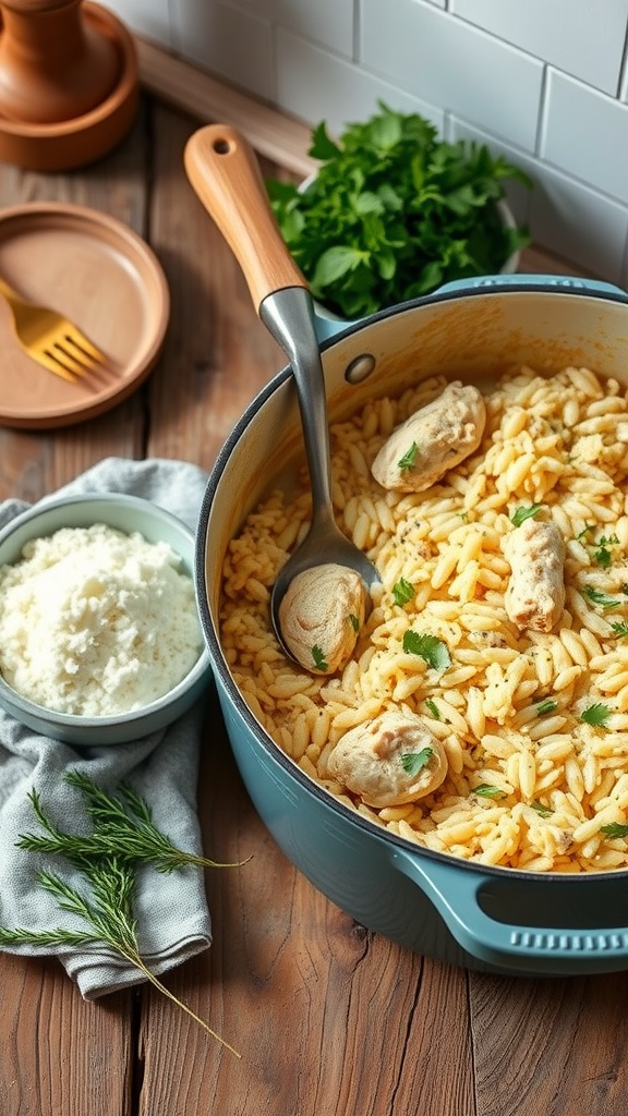 A serving of creamy chicken and rice casserole in a pot, garnished with herbs.