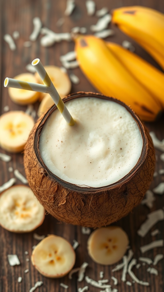 A coconut filled with creamy banana smoothie, surrounded by banana slices and shredded coconut.