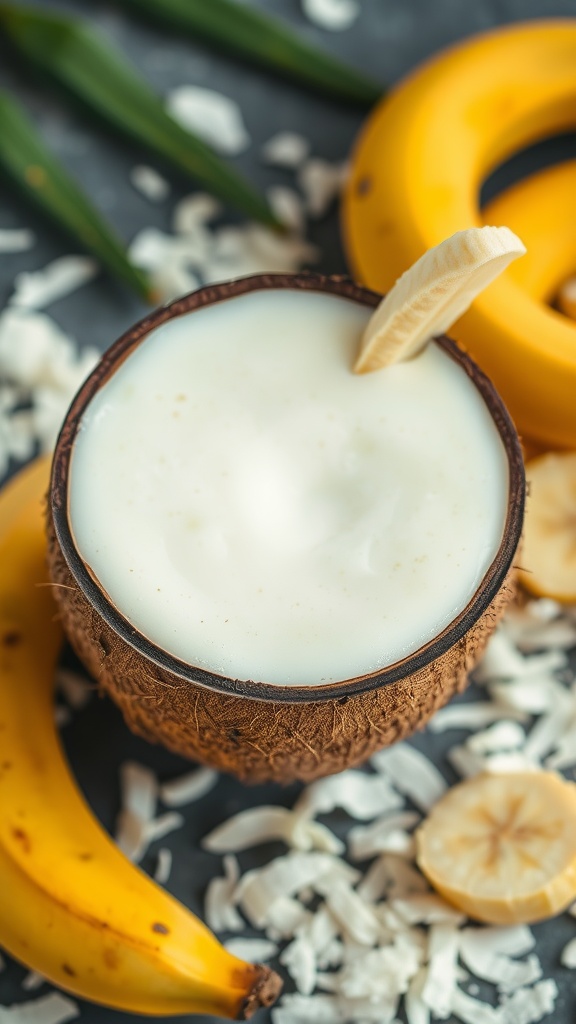 A coconut bowl filled with creamy smoothie topped with a banana slice, surrounded by fresh bananas and shredded coconut.