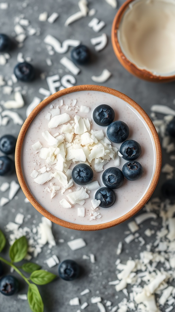 A creamy coconut blueberry smoothie topped with blueberries and coconut flakes.