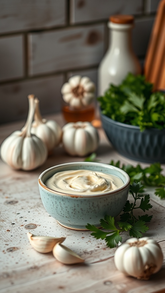 A bowl of creamy garlic aioli garnished with fresh herbs and garlic cloves