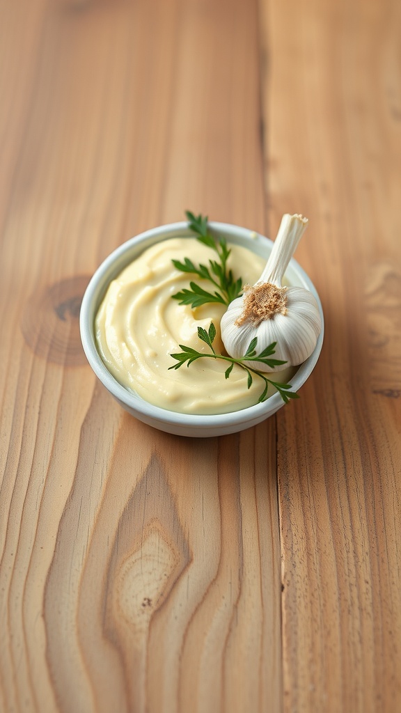 Creamy garlic aioli in a small bowl with garlic and parsley.