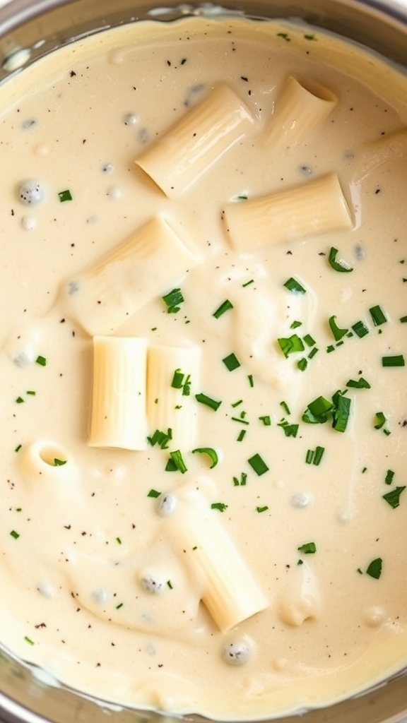 A creamy garlic Alfredo sauce with pasta and garnished with chopped parsley