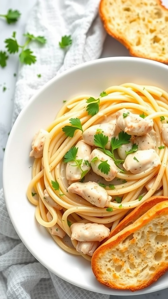 A delicious plate of creamy garlic chicken pasta served with a slice of toasted bread.