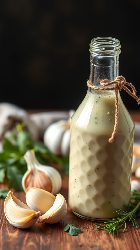 A bottle of creamy garlic herb dressing surrounded by garlic cloves and fresh herbs.
