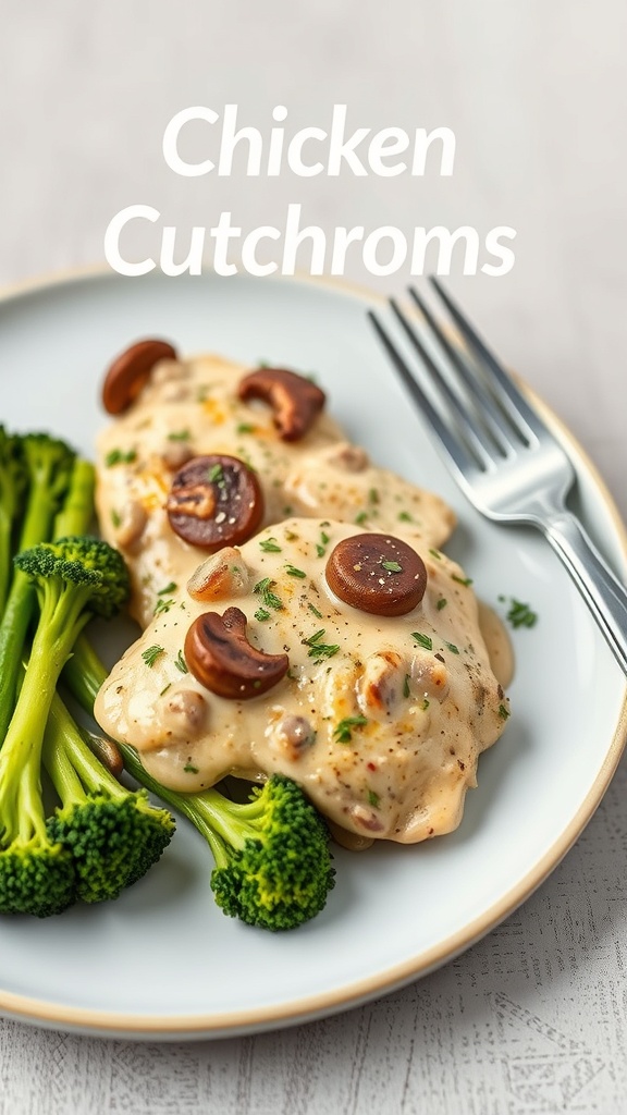 Creamy garlic mushroom chicken served with broccoli
