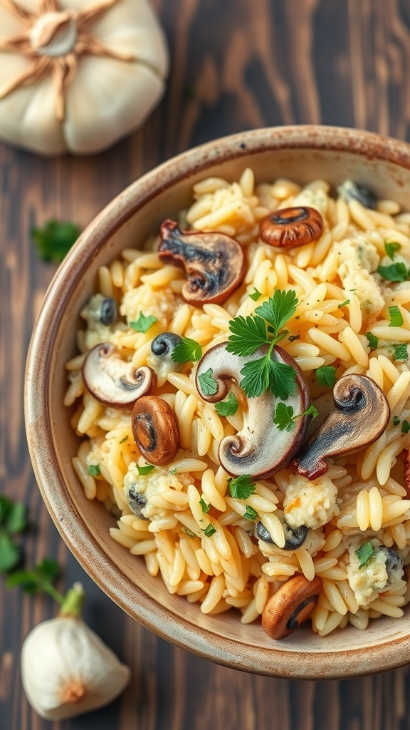 Bowl of creamy garlic mushroom risotto with parsley on top.