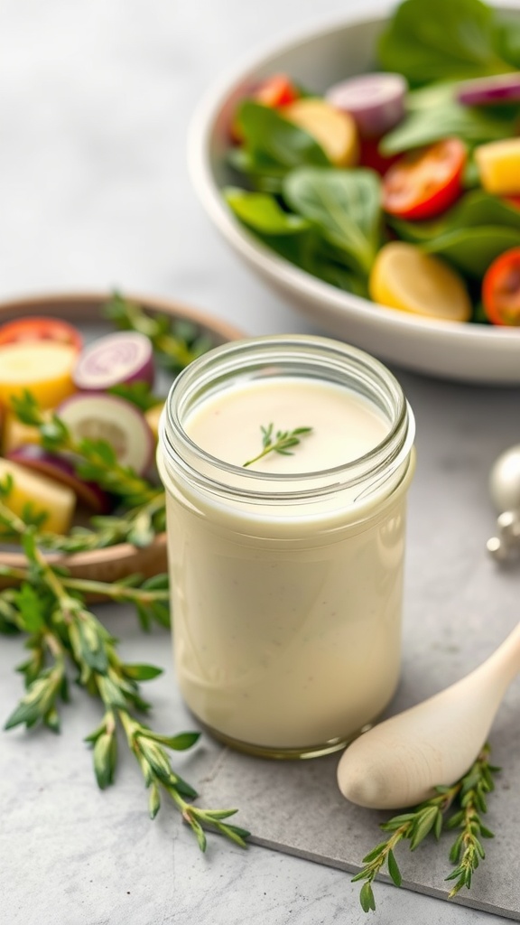Jar of creamy garlic parmesan dressing with salad ingredients in the background