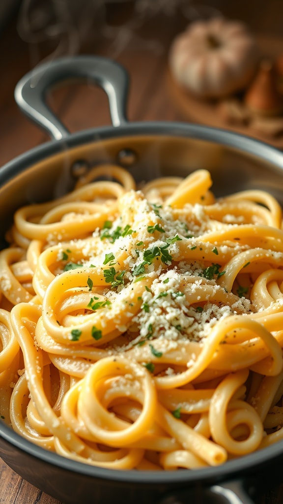 A pot of creamy garlic Parmesan pasta topped with parsley and cheese.