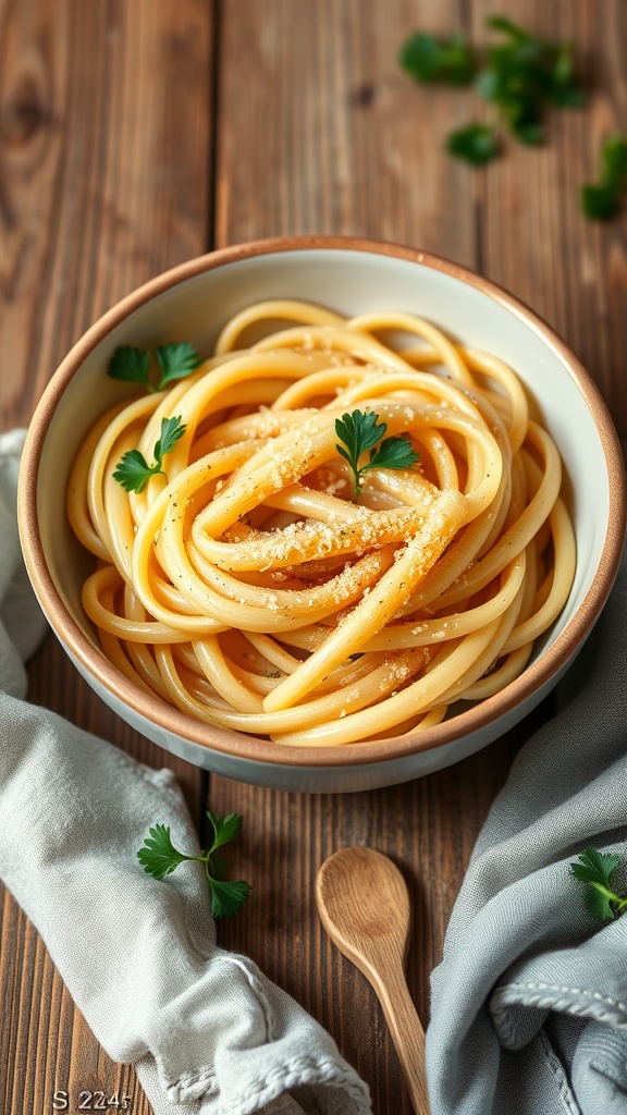 A bowl of creamy garlic parmesan pasta garnished with parsley.