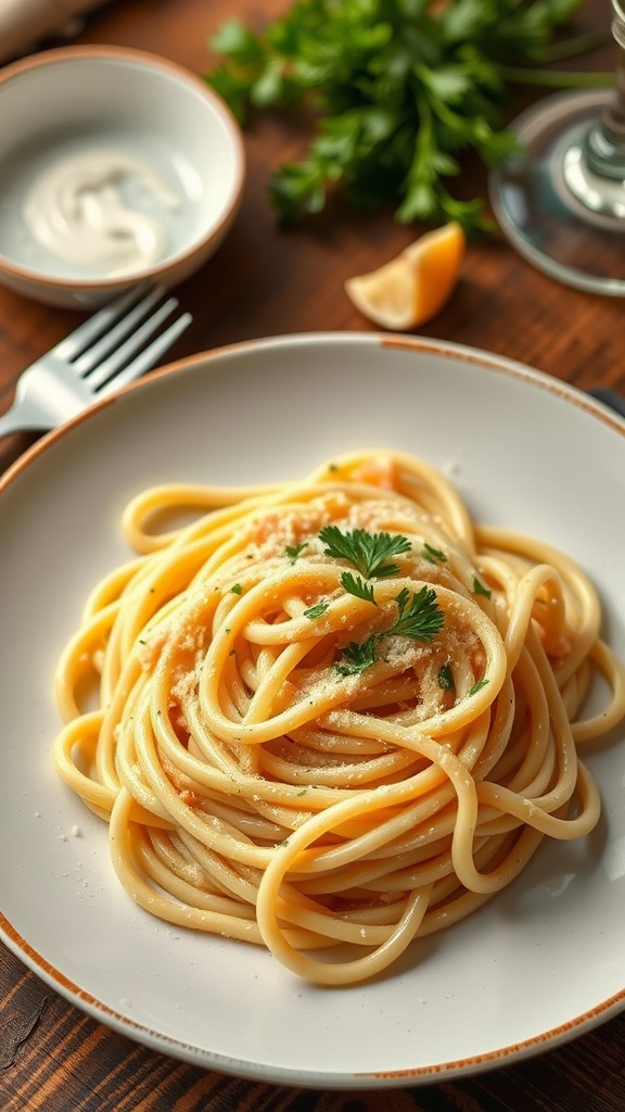 Plate of creamy garlic parmesan pasta garnished with parsley