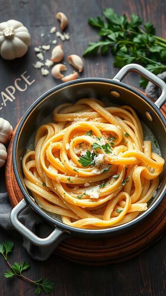 A bowl of creamy garlic pasta topped with parsley in a pot on a wooden table.