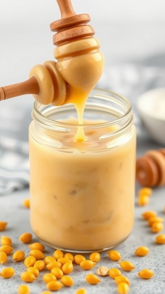 Creamy honey mustard sauce in a jar with a honey dipper