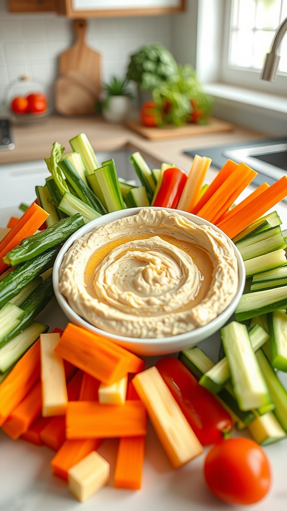 A bowl of creamy hummus surrounded by colorful veggie sticks