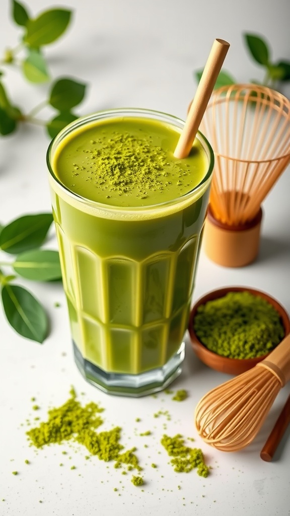 A creamy matcha green tea smoothie in a tall glass with a straw.