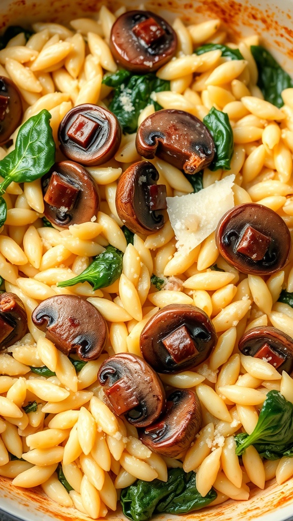 A creamy mushroom and spinach orzo dish in a pan, featuring orzo pasta, sliced mushrooms, and fresh spinach.