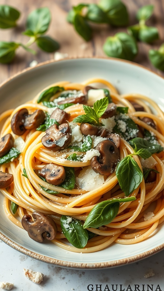 A plate of creamy mushroom and spinach pasta garnished with fresh basil and Parmesan cheese.