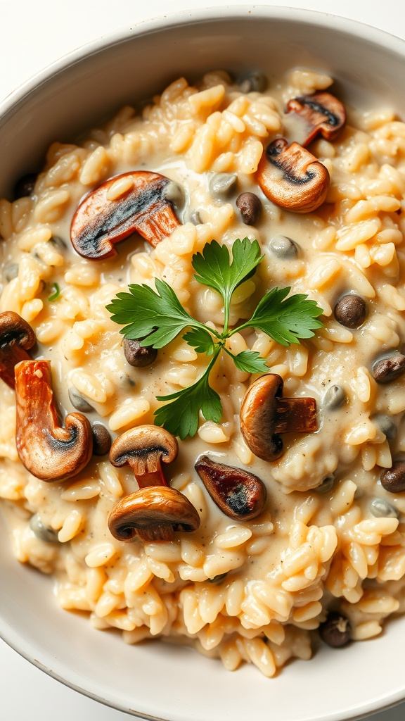 A bowl of creamy mushroom risotto garnished with parsley and mushroom slices