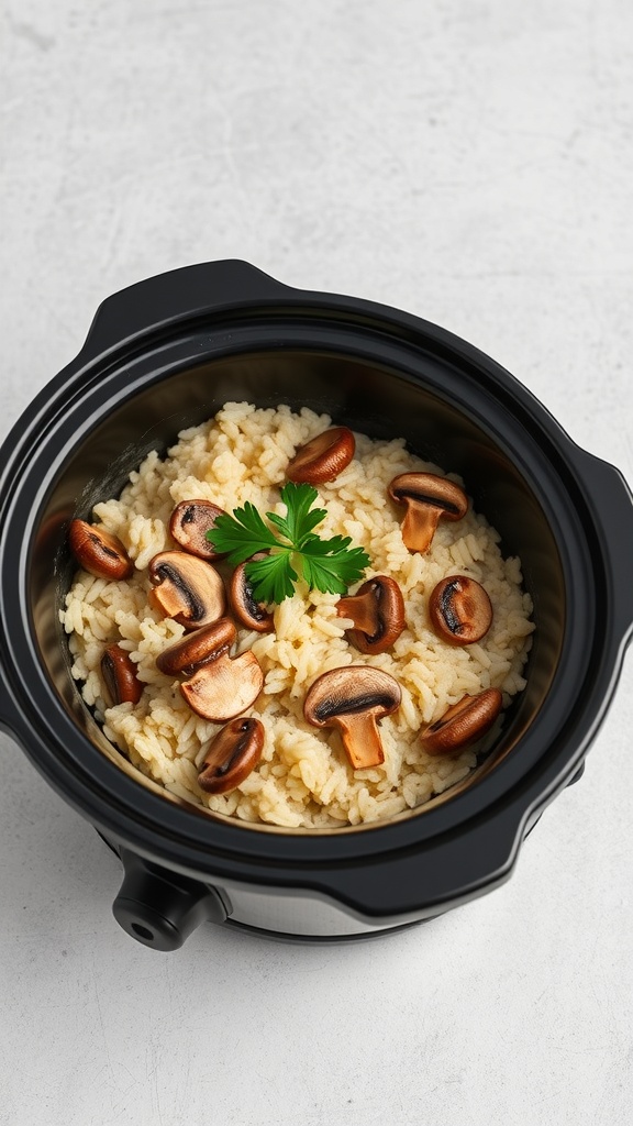 A slow cooker filled with creamy mushroom risotto topped with sautéed mushrooms and parsley.