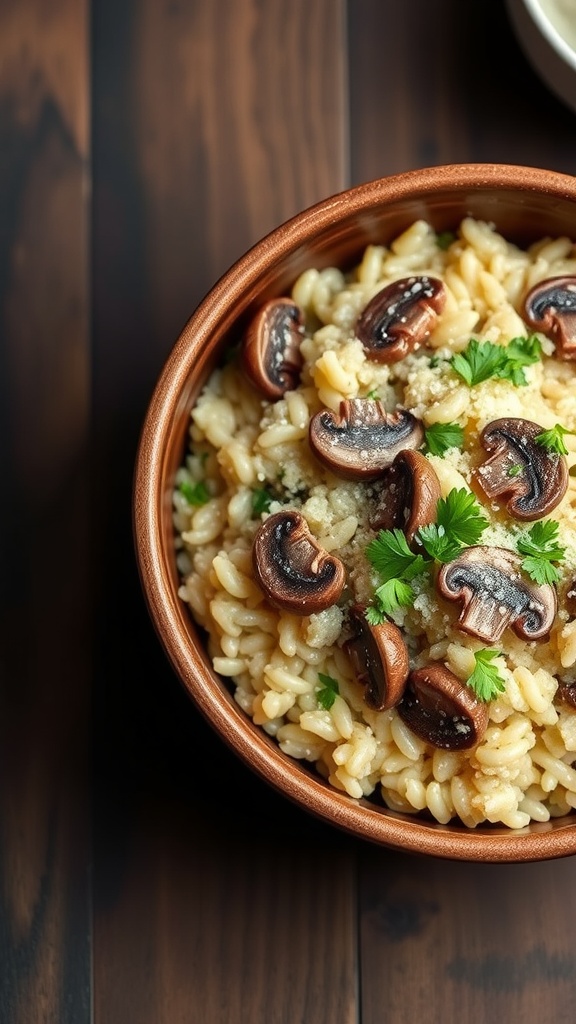 A bowl of creamy mushroom risotto topped with sautéed mushrooms and parsley.