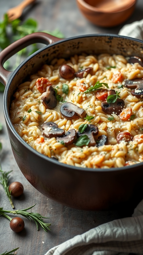 A pot of creamy mushroom risotto garnished with parsley, showcasing a comforting one-pot meal.