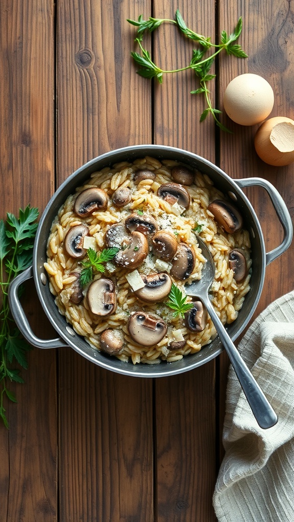 A pot of creamy mushroom risotto with slices of mushrooms and herbs