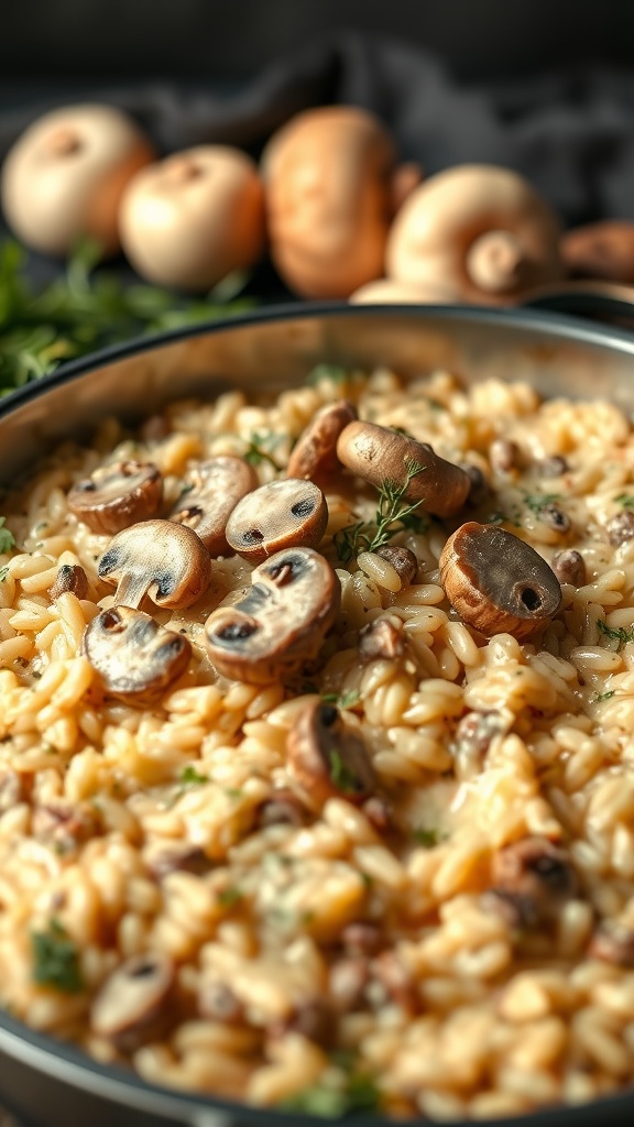 Creamy mushroom risotto in a pot, garnished with sliced mushrooms and herbs.
