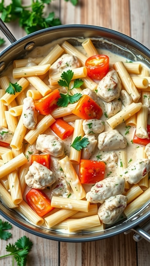 A delicious creamy one-pot chicken Alfredo dish with pasta and cherry tomatoes.