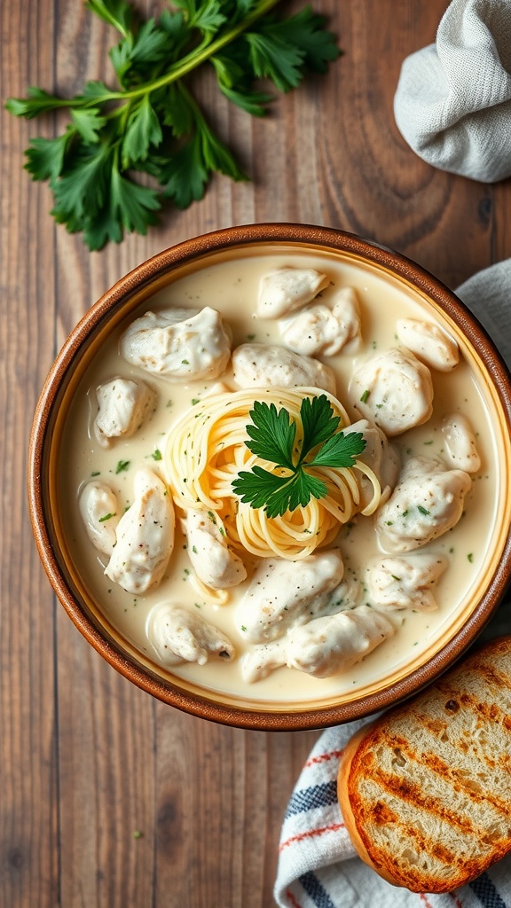 A bowl of creamy chicken Alfredo with pasta and parsley on top.